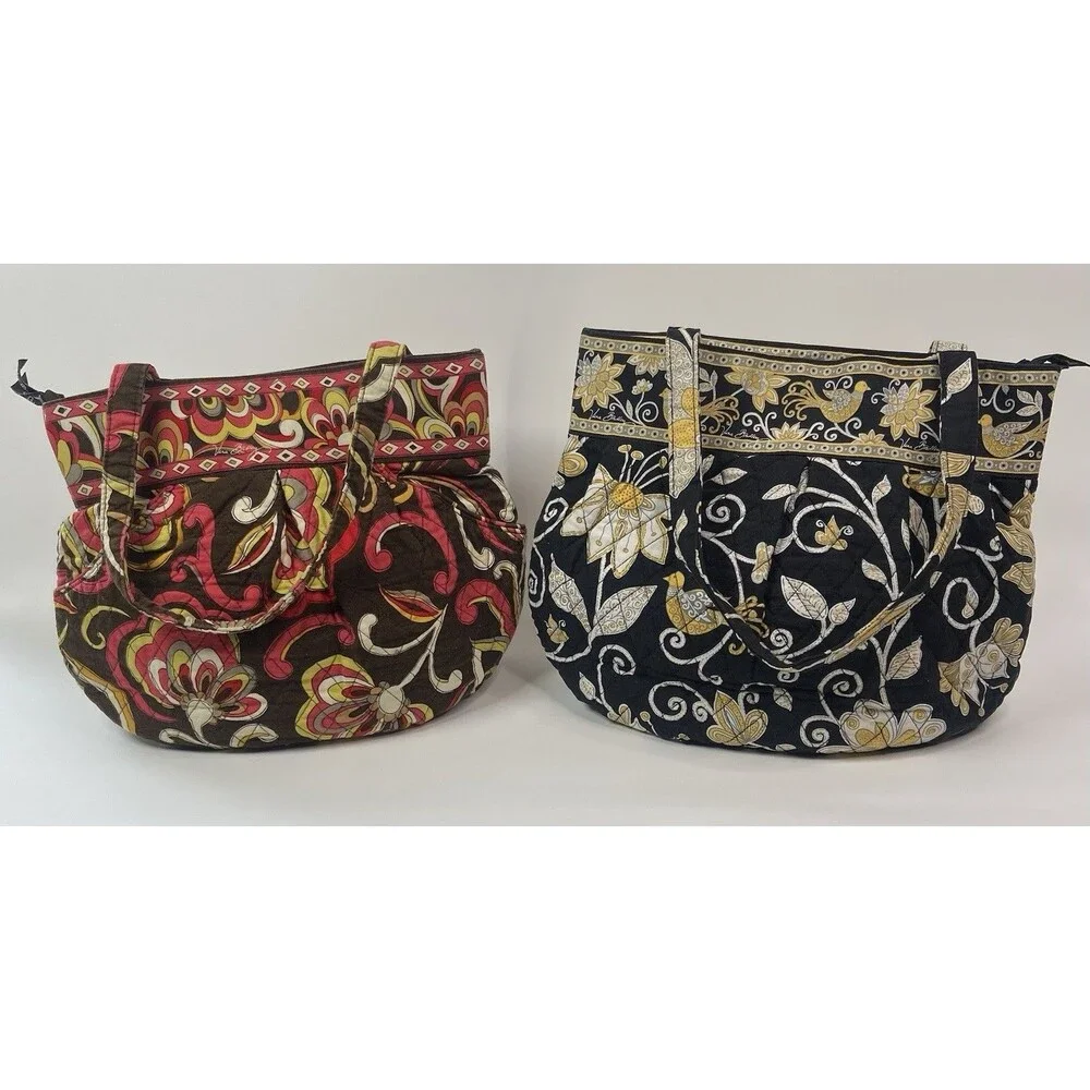 RETIRED Vera Bradley Morgan Tote Bag Mod Floral Pink Brown Yellow Birds Lot Of 2